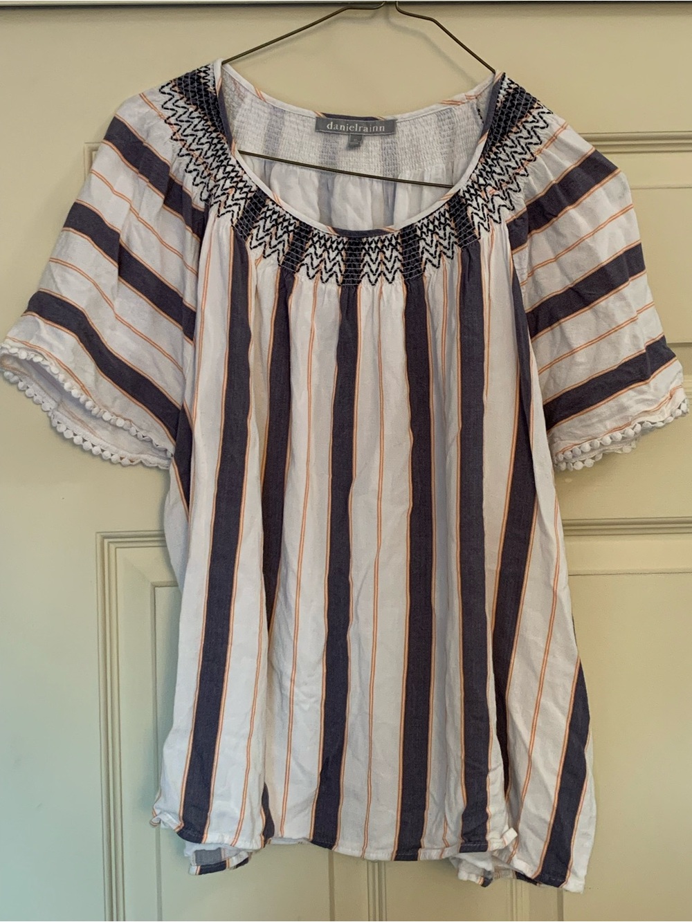 Daniel Rainn Womens XL Smocked Embroidered Striped Pom Pom Trim Blouse Top Rayon